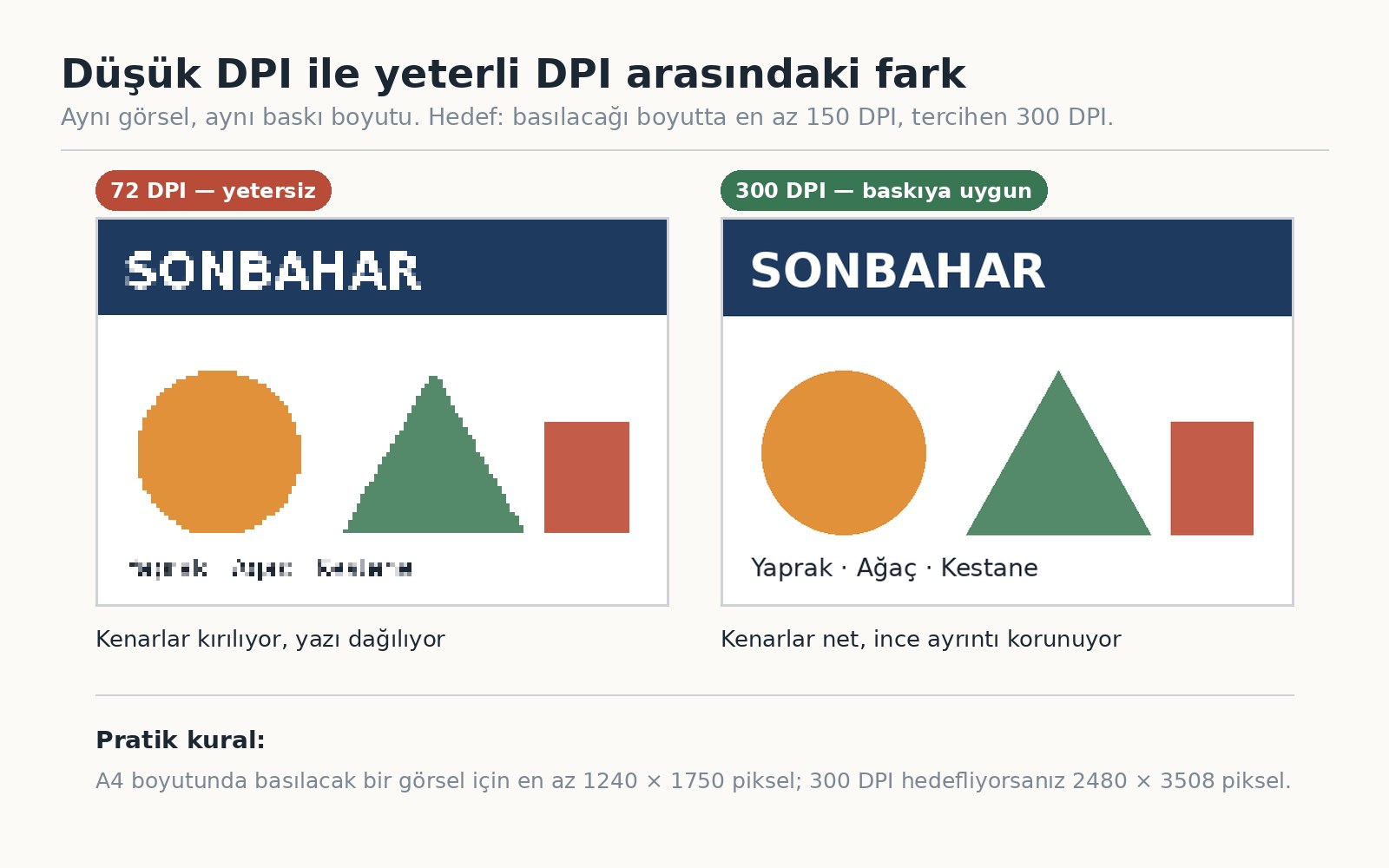 Aynı görselin düşük DPI ve yeterli DPI ile basılmış iki çıktısının karşılaştırması